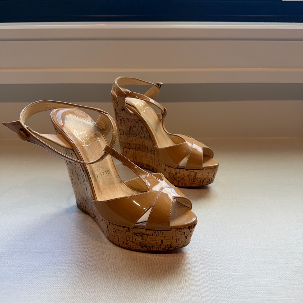 Christian Louboutin Tan Patent Cork Wedge Sandals